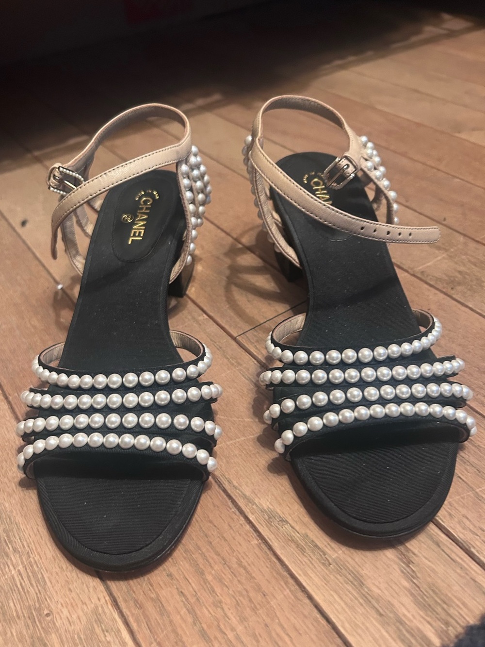 CHANEL Black & Beige Pearl-Strap Sandals
